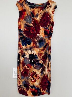 Ralph Lauren Burgundy, Navy and Cream Floral Faux-Wrap Midi Dress